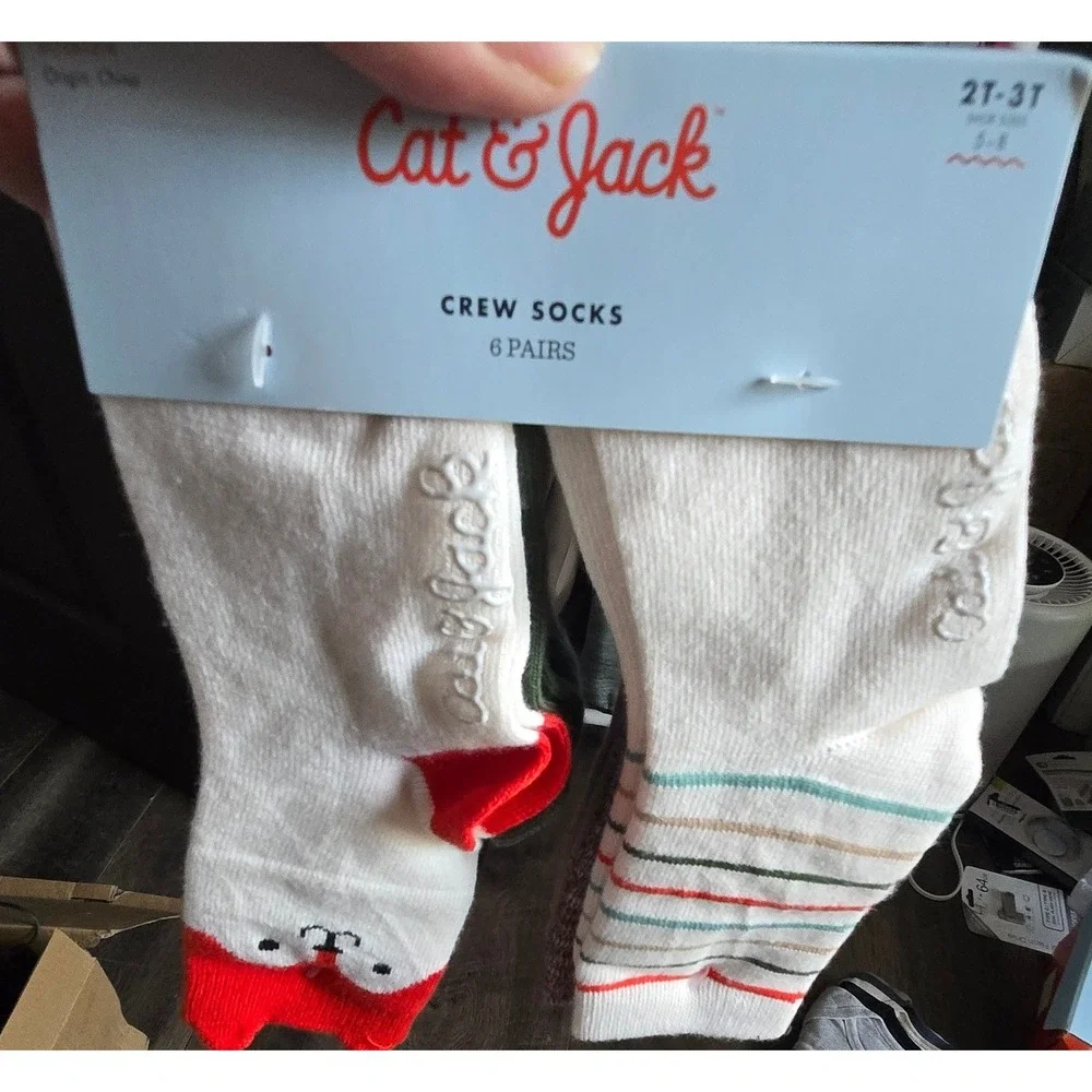 Cat & Jack Kids 6 Pack Crew Socks 2T-3T Shoe Size 5-8 Animal Face Stripes New